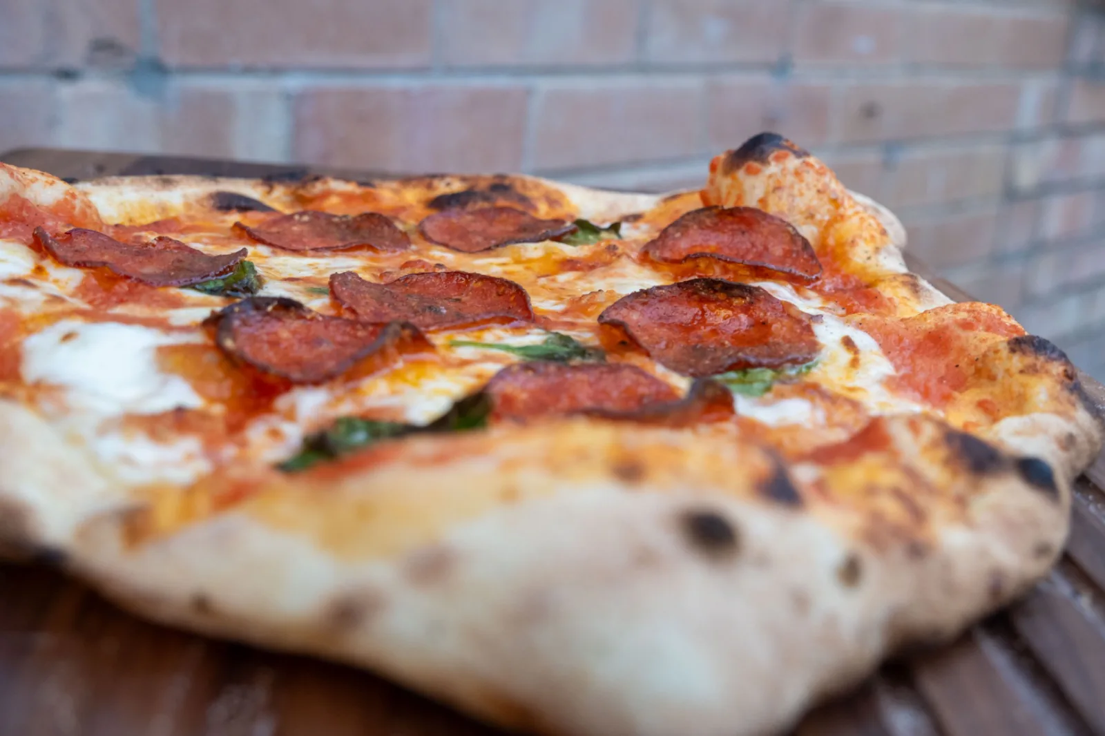 A margherita pizza on a plate, lit low